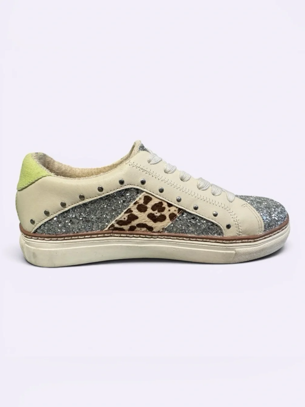 Crown Vintage Kalinda sneakers glitter, leopard print and stud accents Sz 7